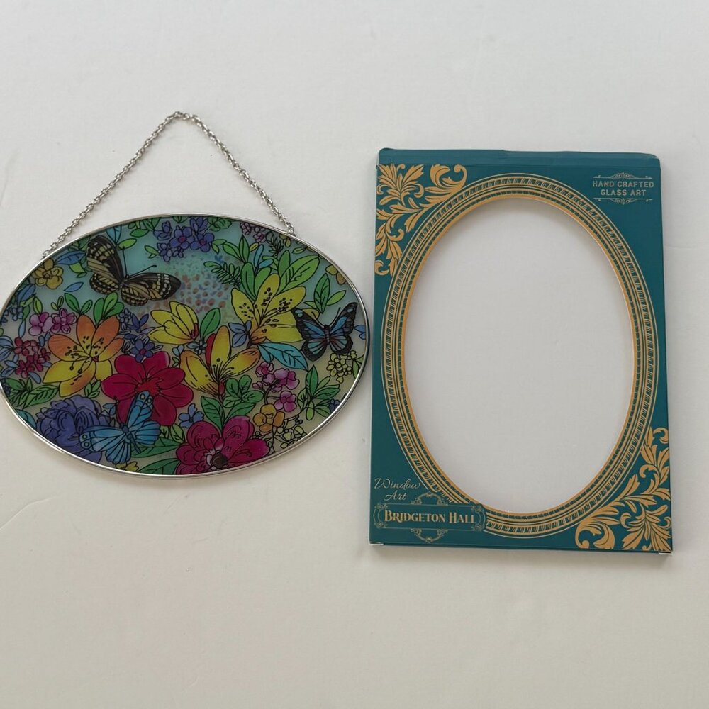 Butterfly & Floral Oval Glass Suncatcher With Chain By Bridgeton Hall